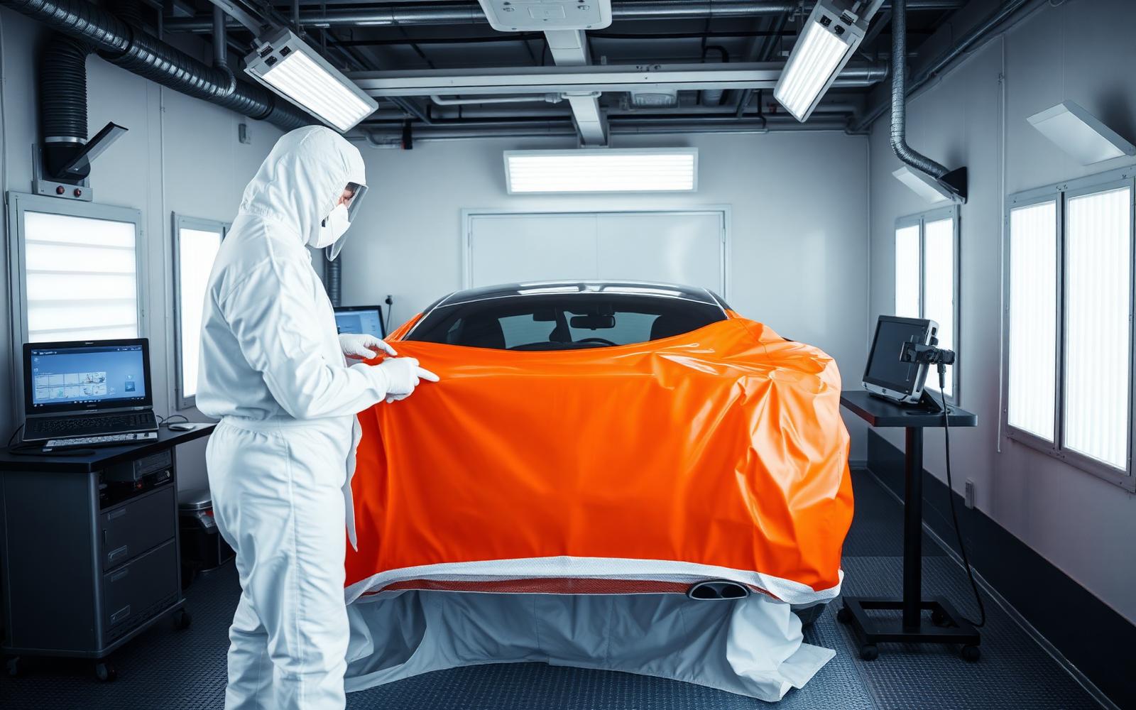 Cabine de pintura profissional com técnico em traje de proteção